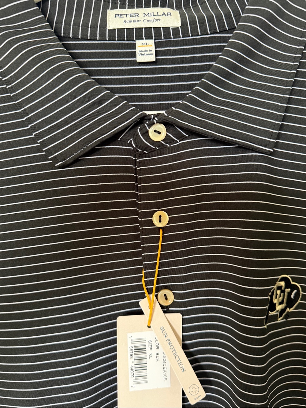 Peter Millar Black Polo golf with White Pinstripes and Gold Buttons CU Buffs